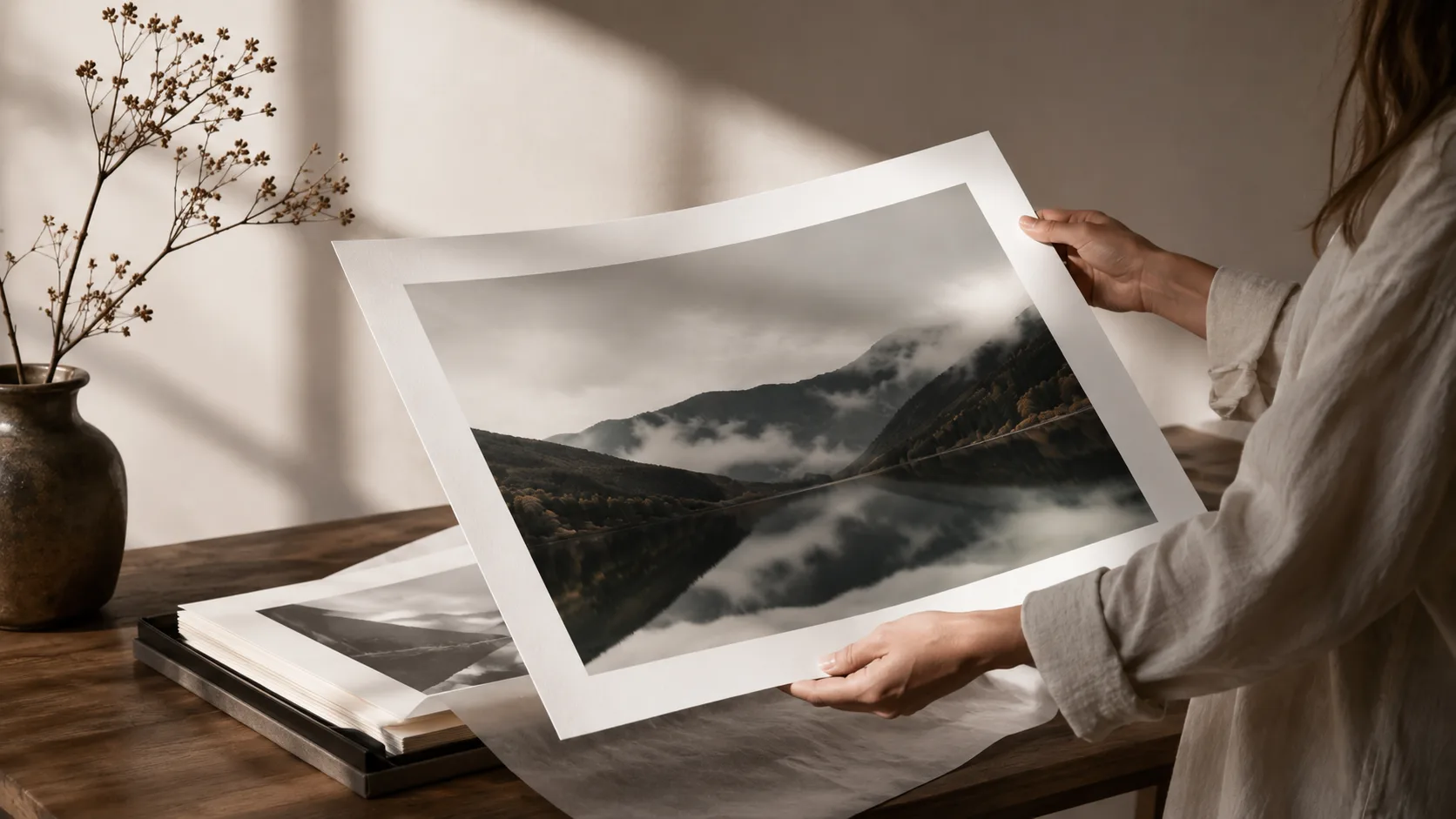 Fine art photographic print held for inspection
