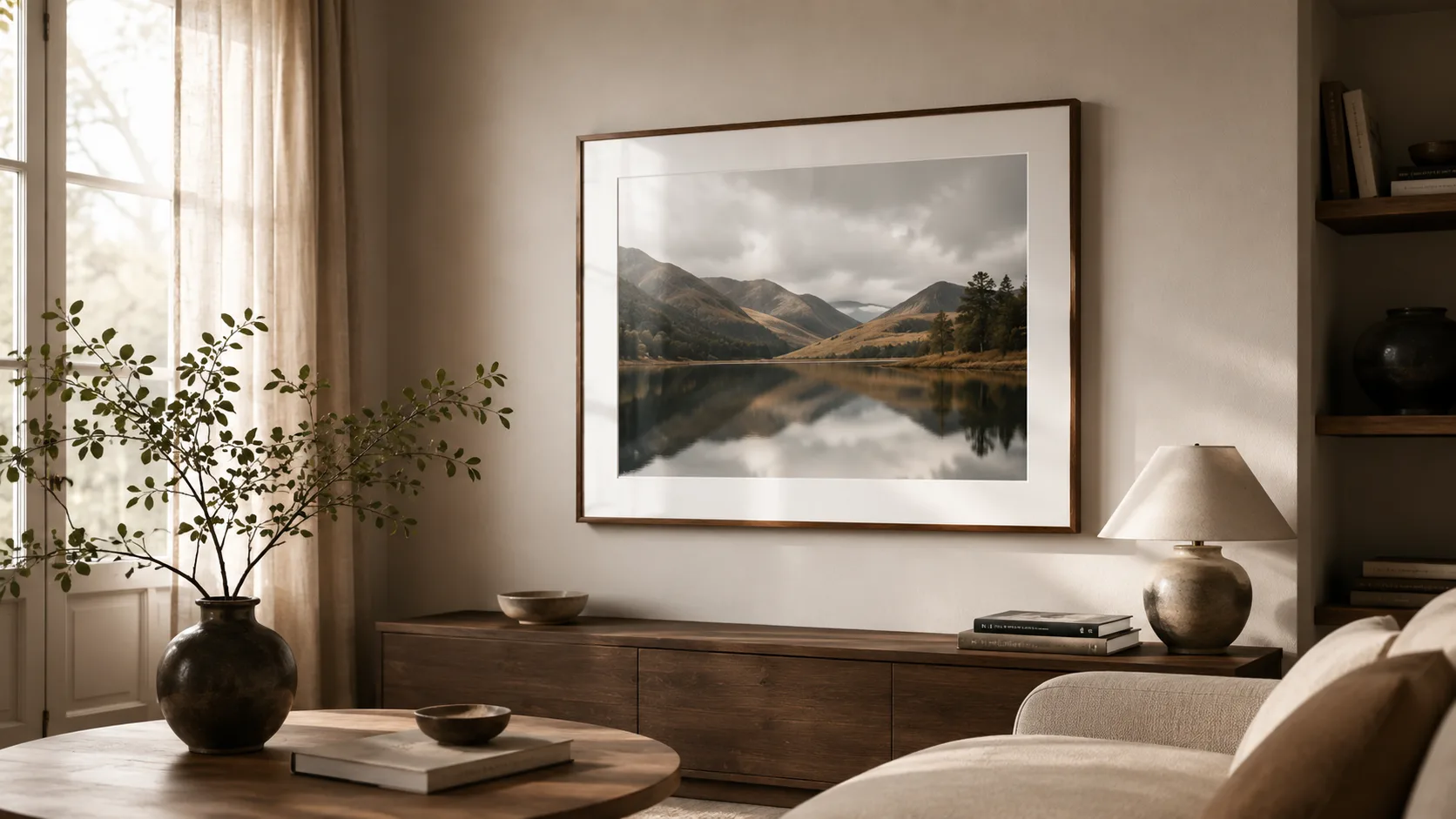 Framed photographic print displayed in a calm interior