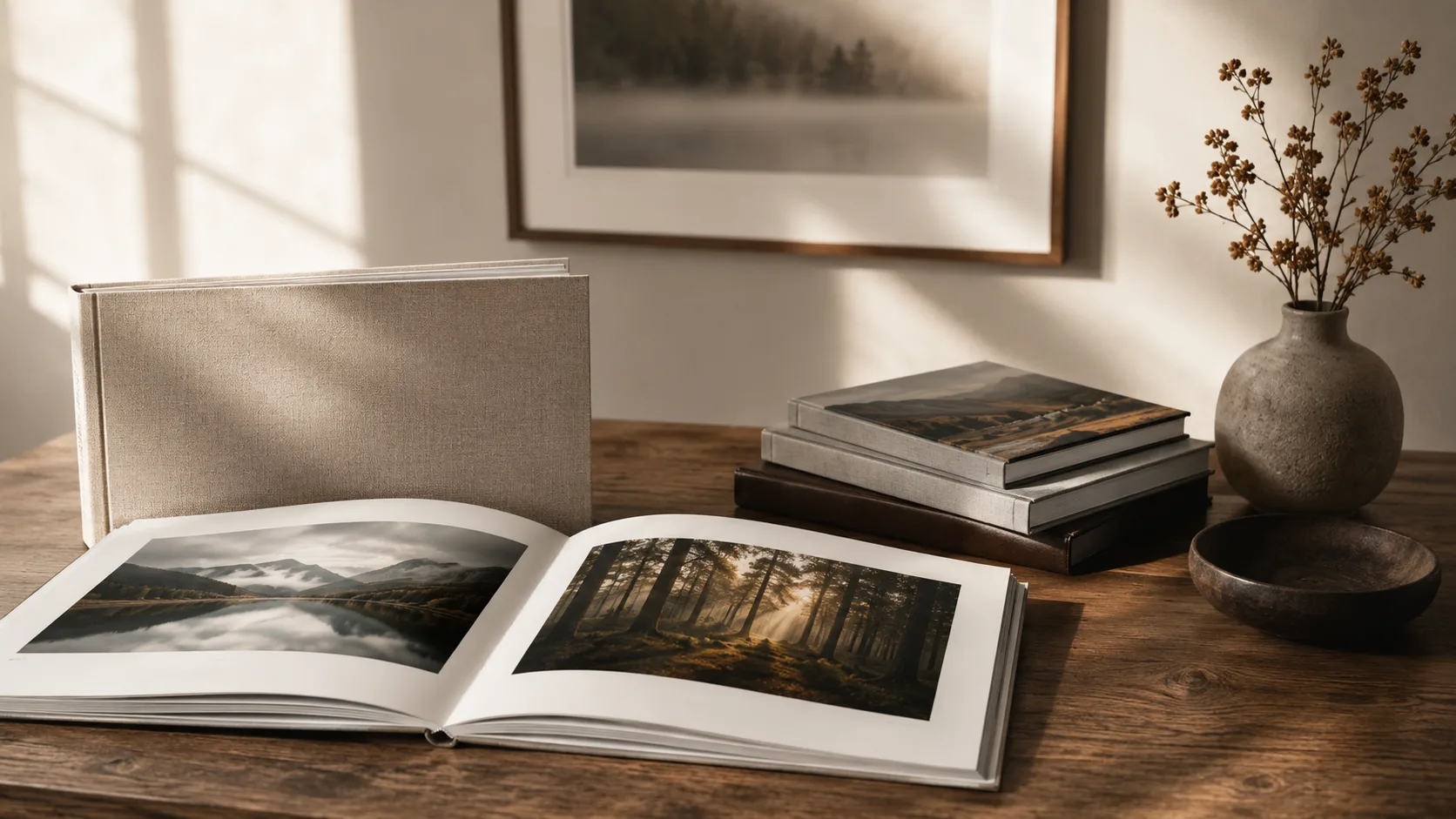 Custom black photographic book on a neutral surface