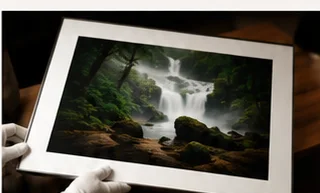 Gloved hands presenting a fine art photographic print